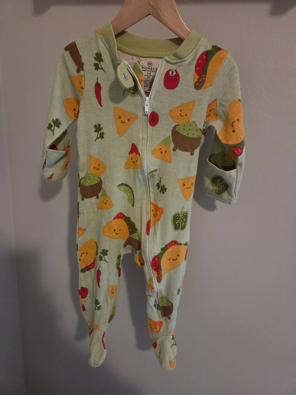 Honest Organic Baby 3-6M Green Taco & Nacho Print Zip One-Piece